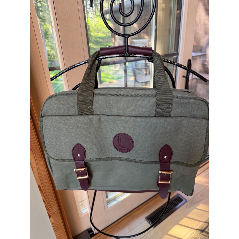 Lulu Canvas Messenger Laptop Bag Olive Green Burgundy Gold Buckle Briefcase